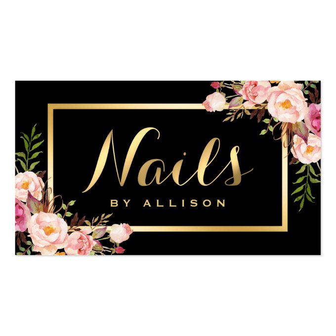 Nail Technician Salon Black Gold Floral Script Business Card