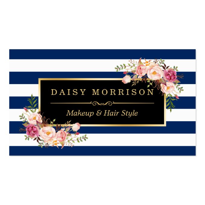 Floral Gold Makeup Salon Changeable Navy Stripes Business Card (front side)
