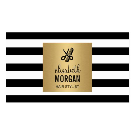 Hairstylist Retro Black White Stripes Gold Square Double-Sided Standard Business Cards (Pack Of 100) (front side)
