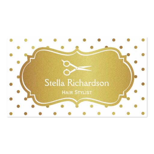 Hair Stylist - Chic White Gold Glitter Polka Dots Business Card Templates (front side)