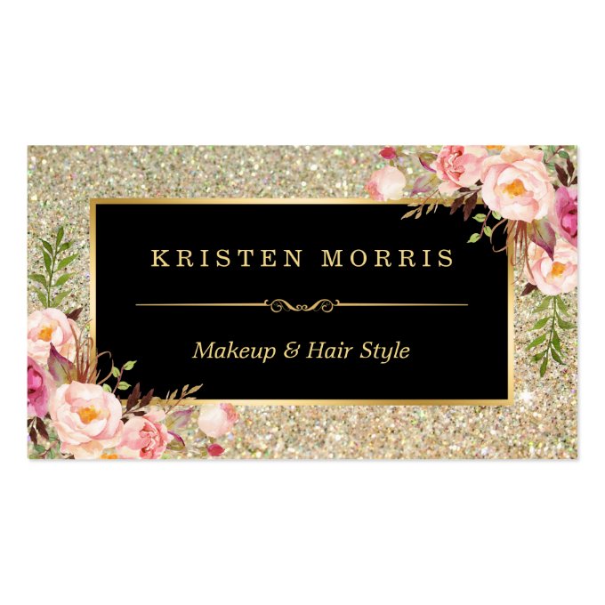 Gold Glitter Makeup Artist Hair Salon Floral Wrap Business Card (front side)