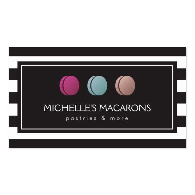Luxury Striped French Macaron Trio Logo for Bakery Business Card (front side)