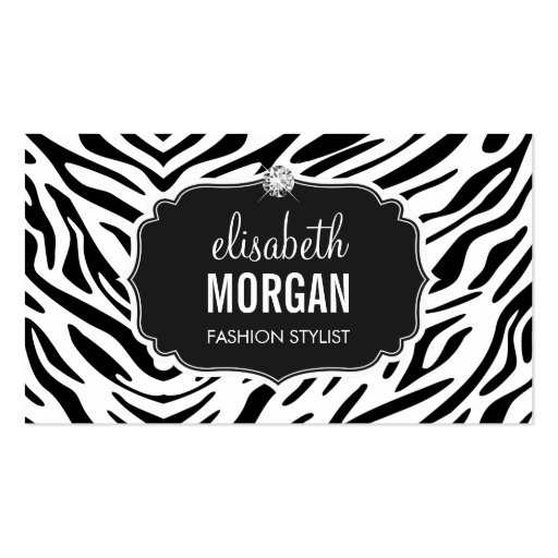 Trendy Black and White Zebra Print Shiny Diamond Business Card Templates (front side)
