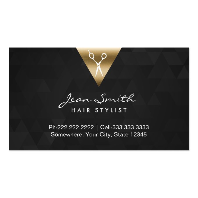Hair Stylist Black & Gold Geometric Triangles Business Card (front side)