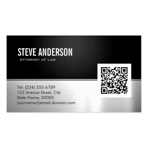 Attorney Lawyer Modern Black Metal Silver QR Code Double-Sided Standard Business Cards (Pack Of 100)