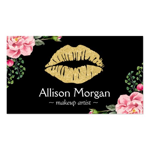 Gold Lips Makeup Artist Beautiful Flower Wrapping Double-Sided Standard Business Cards (Pack Of 100) (front side)