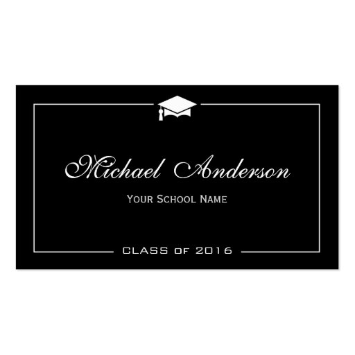 Stylish Black White Grad Cap Graduation Name Card Double-Sided Standard Business Cards (Pack Of 100) (front side)