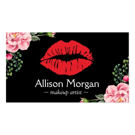 Makeup Artist Red Lips Elegant Floral Decor Double-Sided Standard Business Cards (Pack Of 100)