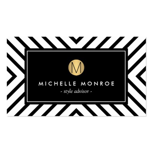 Retro Mod Black and White Pattern Gold Monogram Double-Sided Standard Business Cards (Pack Of 100)