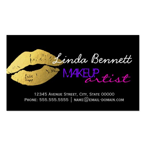 Makeup Artist - Sassy Gold Lips Dark Theme Style Double-Sided Standard Business Cards (Pack Of 100) (front side)