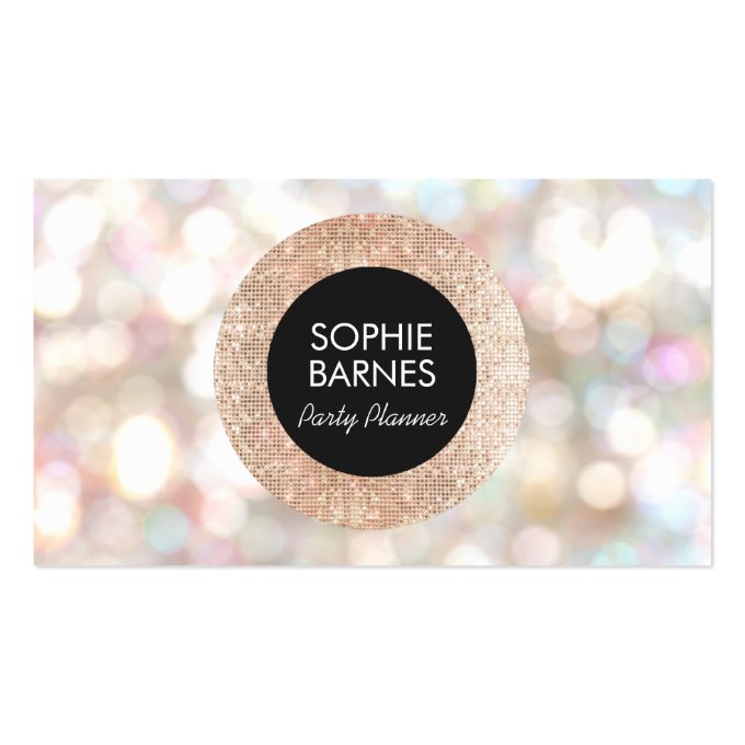 Stylish Bokeh and Rose Gold sequin Event Planner Business Card (front side)