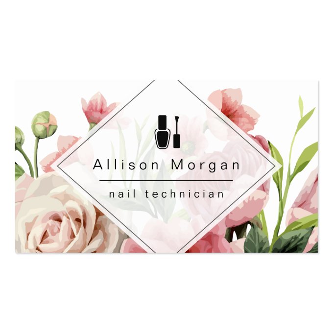 Nail Technician Logo Modern Geometric Chic Floral Business Card (front side)