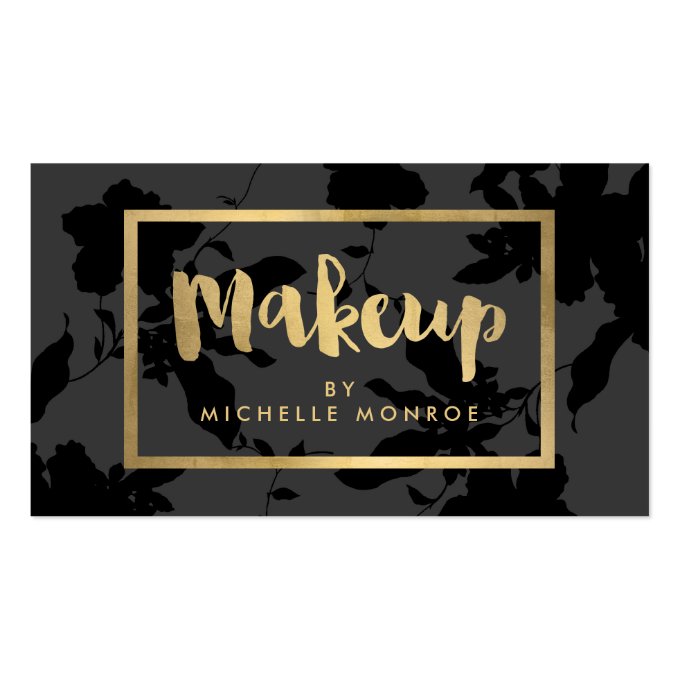 Elegant Gold Makeup Text on Dark Gray/Black Floral Business Card (front side)
