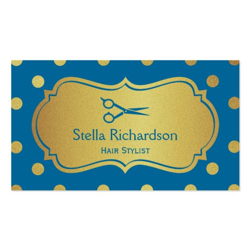 Hair Salon Stylist - Royal Blue Gold Polka Dots Business Card Template (front side)
