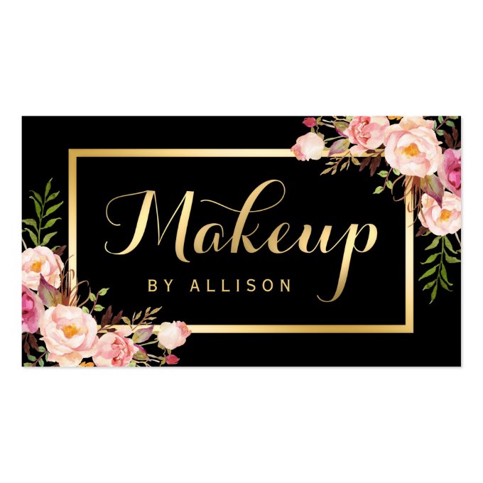 Makeup Artist Black Gold Script Floral Wrap Business Card (front side)