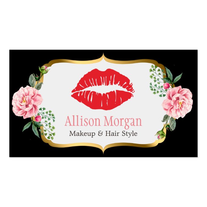 Black Gold Red Lips Flowers Makeup Artist Beauty Business Card