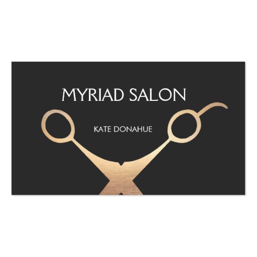 Elegant Gold Scissors Hair Stylist Salon Black Double-Sided Standard Business Cards (Pack Of 100) (front side)