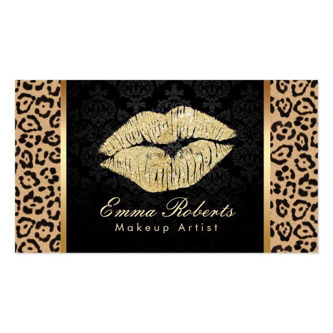 Gold Kiss Leopard Print Damask Makeup Artist Business Card (front side)