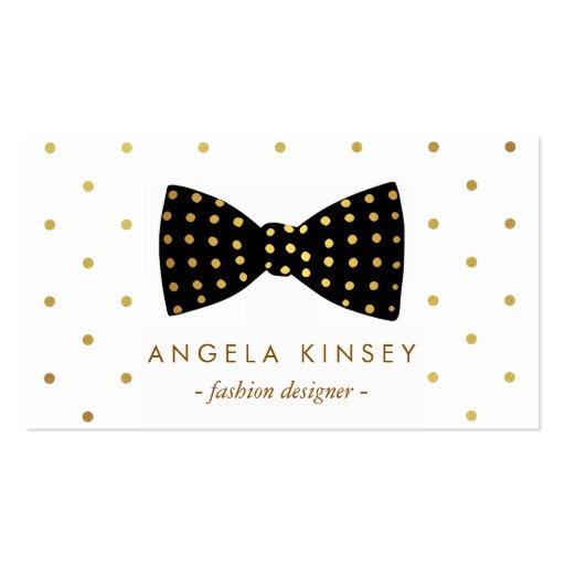 Cute Gold Polka Dots Ribbon Bow Business Card Template (front side)