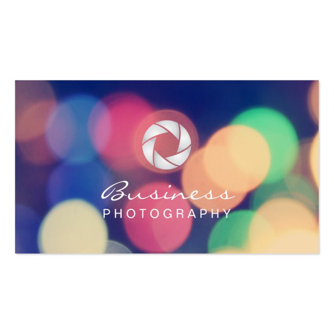 Modern Bokeh Lights Custom Logo Photography Business Card (front side)