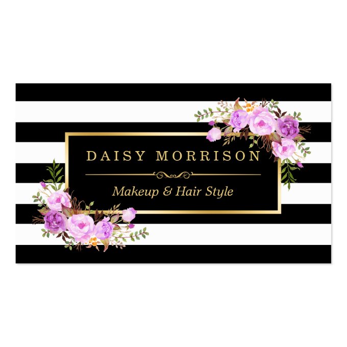 Stylish Purple Floral Gold Black White Stripes Business Card (front side)