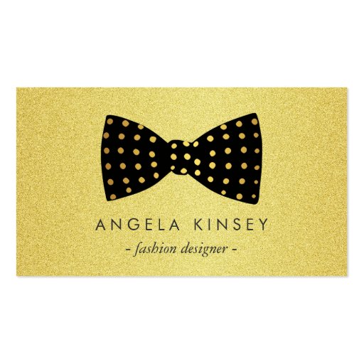 Modern Black and Gold Glitter Dots Ribbon Bow Business Card Template (front side)