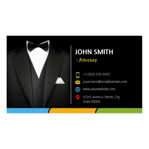 Attorney Lawyer Consultant Tuxedo Businessman Suit Business Card Templates (front side)