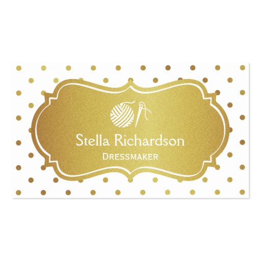 Dressmaker Thread Ball Knitting - White Gold Dots Business Card Template (front side)