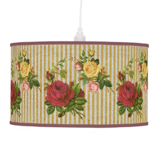 Vintage Red Yellow Peach Roses Gold Glitter Stripe Hanging Lamp
