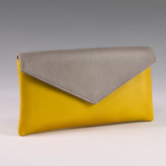 Soft Grain Cool Citrus Yellow and Pale Mocha Tan Leather Clutch
