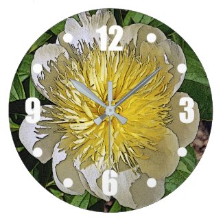 CLOCK/ WHITE PEONY WITH YELLOW CENTER. LARGE CLOCK