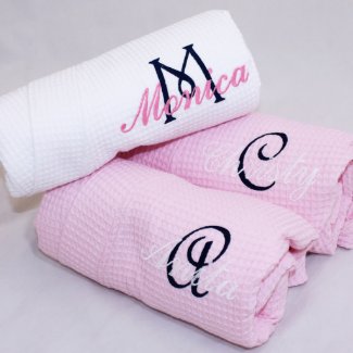 Pink Waffle Robe with White Name & Black Initial