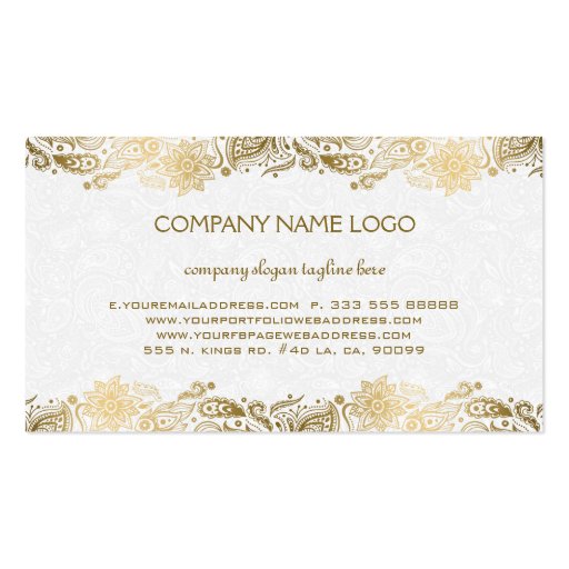 Elegant Gold And White Paisley 2 Wedding Planner Double-Sided Standard Business Cards (Pack Of 100) (back side)