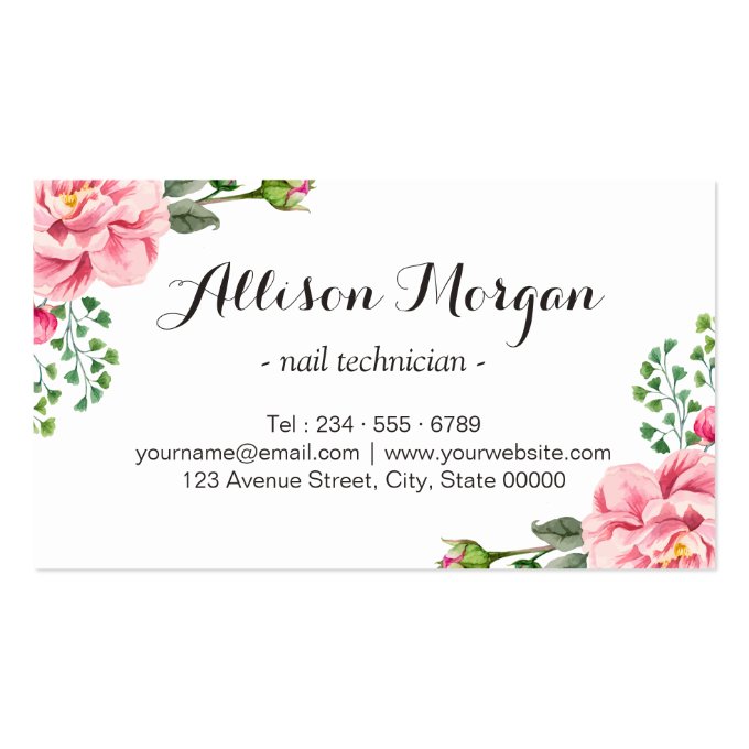 Nails Salon Nail Technician Romantic Floral Wrap Business Card (back side)