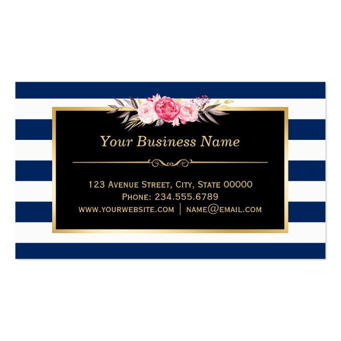 Floral Gold Makeup Salon Changeable Navy Stripes Business Card (back side)