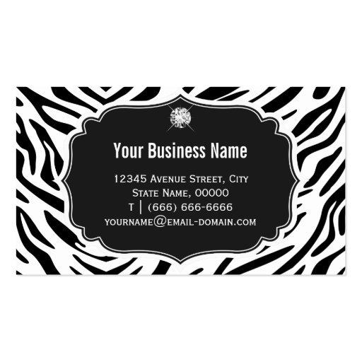 Trendy Black and White Zebra Print Shiny Diamond Business Card Templates (back side)