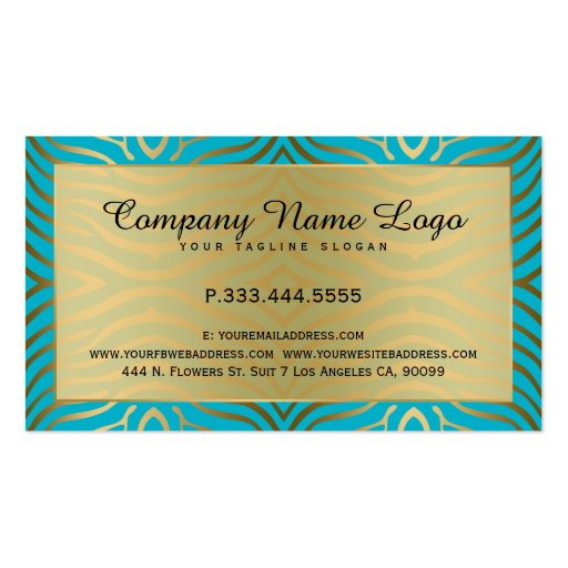 Modern Turquoise & Gold Zebra Stripes Pattern Double-Sided Standard Business Cards (Pack Of 100) (back side)