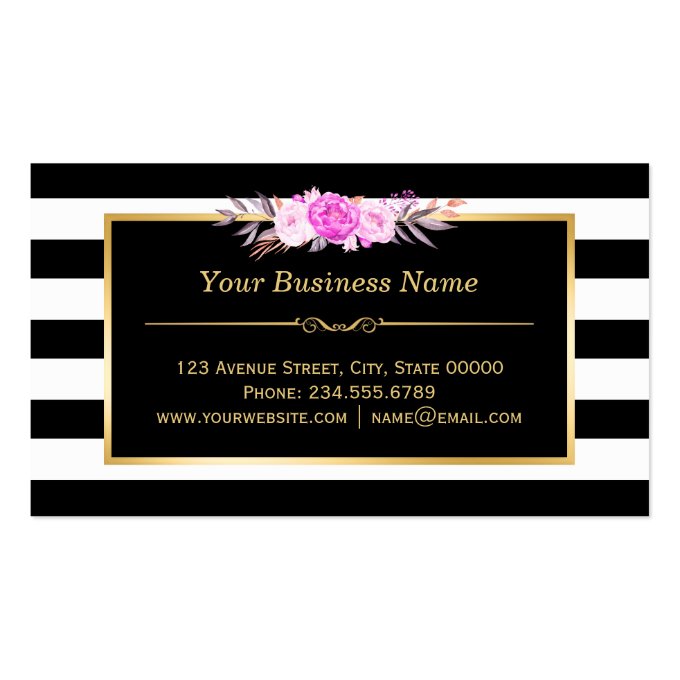 Stylish Purple Floral Gold Black White Stripes Business Card (back side)