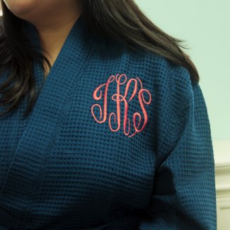 Navy Waffle Robe with Coral Monogram