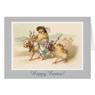 Chicken Riding Lamb - Cute Vintage Easter Gift Card