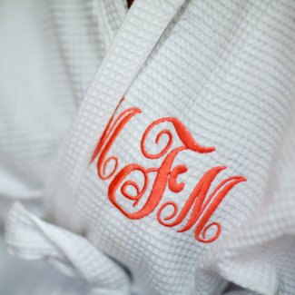 White Waffle Robe with Fancy Coral Monogram