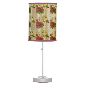 Vintage Red Yellow Peach Roses Gold Glitter Stripe Table Lamp