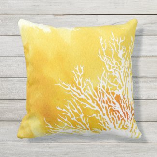 Watercolor yellow coral reef trendy beach summer outdoor pillow