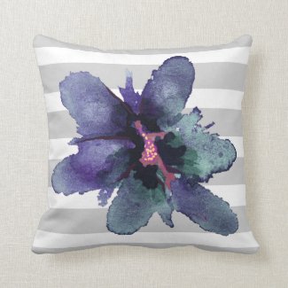 Teal and Grey Striped Watercolor Floral Pillow