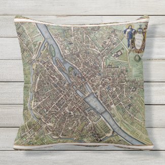 Antique Paris Map 1657 Seine River Vintage France Outdoor Pillow