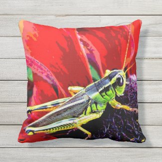 Green Grasshopper on Red Animal Outdoor Pillow