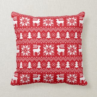 Red Christmas Sweater Reindeer Poinsettias Pattern Throw Pillow
