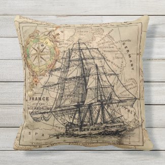 Antique Europe Map Ship Sail Nautical Marine Outdoor Pillow