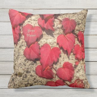 Cute Heart-Shaped Red Fall Vine Leaves Botanical Outdoor Pillow