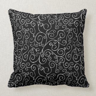 White Scrolling Curves on Black Throw Pillow